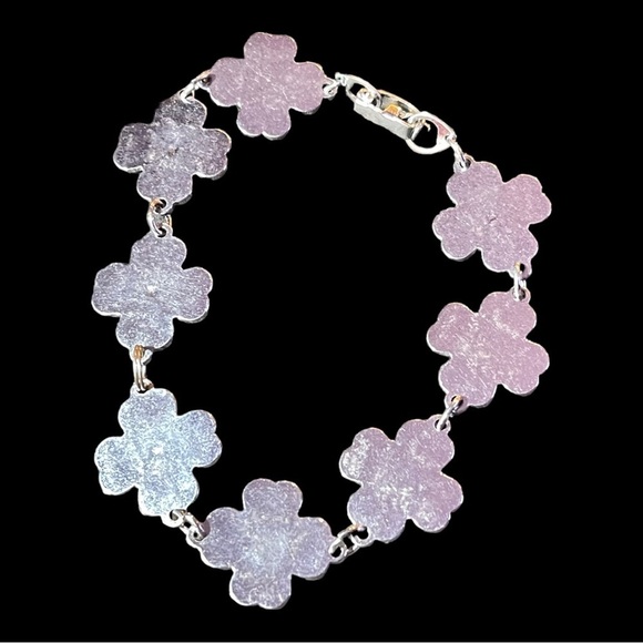 Vintage Silver and Pink Abalone 4 Leaf Clover Bracelet - Ladder Clasp - Picture 3 of 5